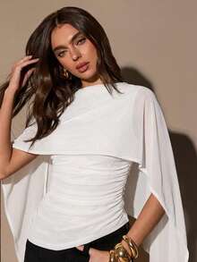 SHEIN BAE Women's Autumn/Winter Brown Cape Shawl Collar Ruched Fitted Sweater Top - White - View 6