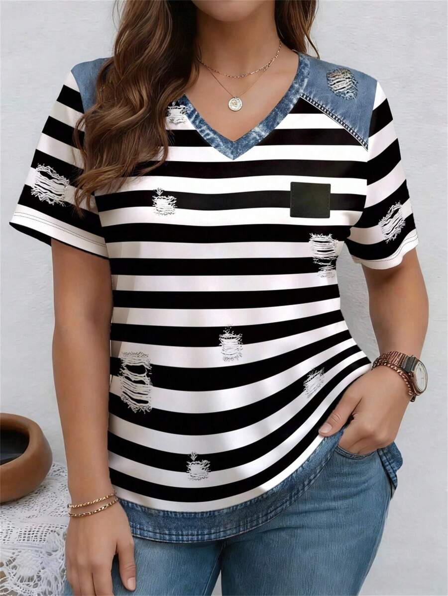 EMERY ROSE Printed Striped Pattern Patchwork Round Neck Short Sleeve Casual Plus Size T-Shirt, Spring - Multicolor - View 1