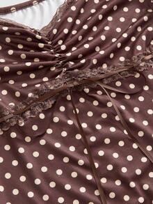 ROMWE Kawaii Trang phục mùa hè cho nữ: Bộ 2 mảnh cổ chữ V thắt nơ, phối ren chấm bi tương phản, ôm dáng, gồm áo và chân váy. - màu nâu - Xem 3