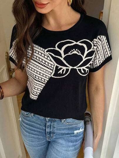 Livesso Women's Colorblock Floral Pattern Knit Sweater