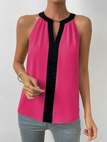 EMERY ROSE 撞色滚边钥匙孔领休闲无袖衬衫，适合夏季穿着 - 玫紅色 - 查看 4