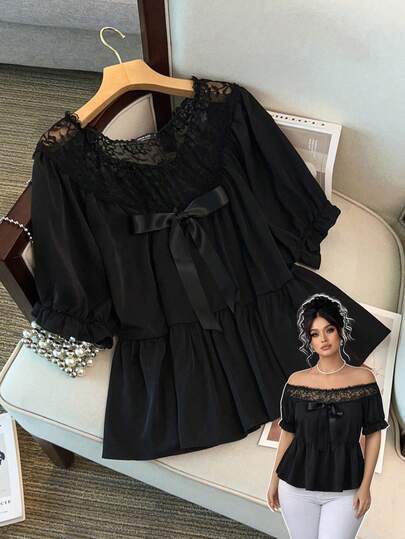 GlowEve CURVE Plus Size Women's Women Girlish Crew Neck Blouses Full Sleeve Pleated Lace Bowknot Stitching Mesh Black Top Spring/Summer Ribbon Bow Patchwork Lace Bubble Ruffle Short-Sleeved Shirt Black Blouses Women Tops Elegant Judydol Black Babydoll Top Cute Blouses Cute Black Tops Women Girlish Crew Neck Blouses Full Sleeve Pleated Lace Bowknot Stitching Mesh Black Top Spring/Summer  Women's Elegant Casual Hollow Out Floral Patchwork Short Sleeve  Blouses Black Lace Top Black See Through Top