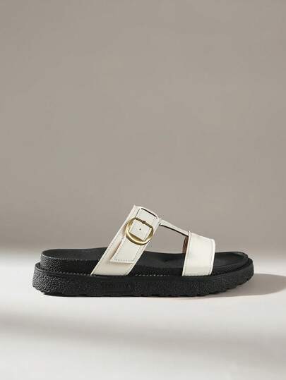 Solecia New Fashionable Metal Buckle Decoration, Buckle Open Toe, Muffin Thick Sole, Slippers, Fashion Mops, Sandals, Comfortable And Non-Slip, Versatile And Dirt-Resistant, Beach Sandals, Suitable For Daily Wear