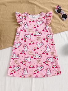 SHEIN 2 Stücke/Set minimalistisches Cartoon Einhorn Muster Rundhals Kurzarm locker gestricktes Nachthemd Grafik Kleine Mädchen Sommerkleid - Verschiedenfarbig - Übersicht 4