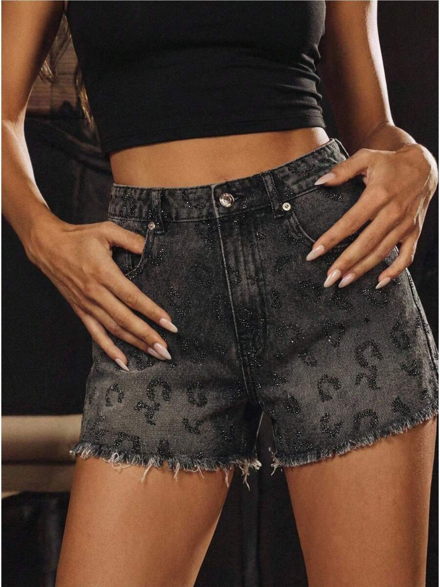 Anewsta 夏季休闲豹纹水钻毛边牛仔短裤 - 灰色 - 查看 1