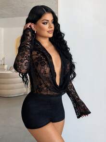 Dayanna Comas Bộ đồ liền thân cổ khoét sâu ren gợi cảm thời trang dành cho nữ - màu đen - Xem 3