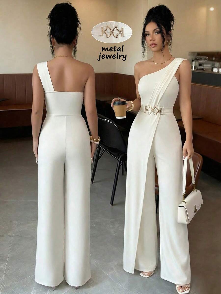 Elenzga Women's Solid Color Sleeveless Jumpsuit With Shoulder Design - Apricot - View 1