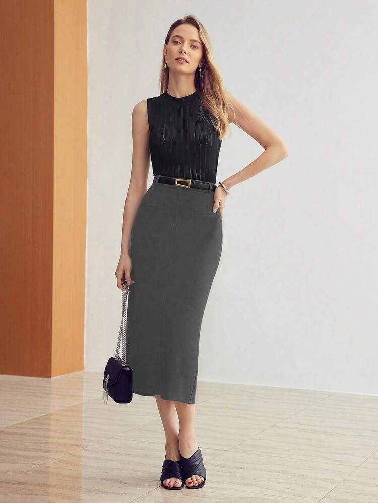 SOLID SPLIT HEM BACK BELTED SKIRT