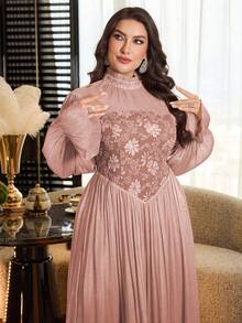 Modelyn Plus Size Women Floral Print Ruched Waist Elegant Dress, Suitable For Party And Gathering - Pink - View 4