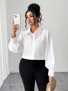 Elenzga Plus Size Women's Solid Color Contrast Lace Long Sleeve Single-Breasted Shirt Teachers' Day Semi Formal White Autumn Elegant - White - View 5
