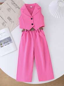 Genkimix Kids Tween Girls 2pcs Outfit Set Fuchsia Camisole Wide Leg Pants For Back To School Daily Wear - Hot Pink - View 3