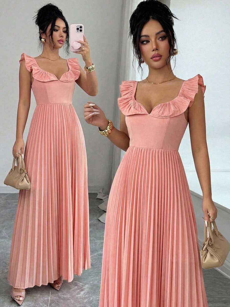 Elenzga 1pc Women's Spring/Summer Pleated Ruffle Trim Waist A-Line Dress, Elegant For Dates, Outings And Commuting - Pink - View 1
