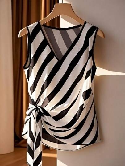 Franclia 大码优雅休闲夏季条纹裹身系带吊带衫