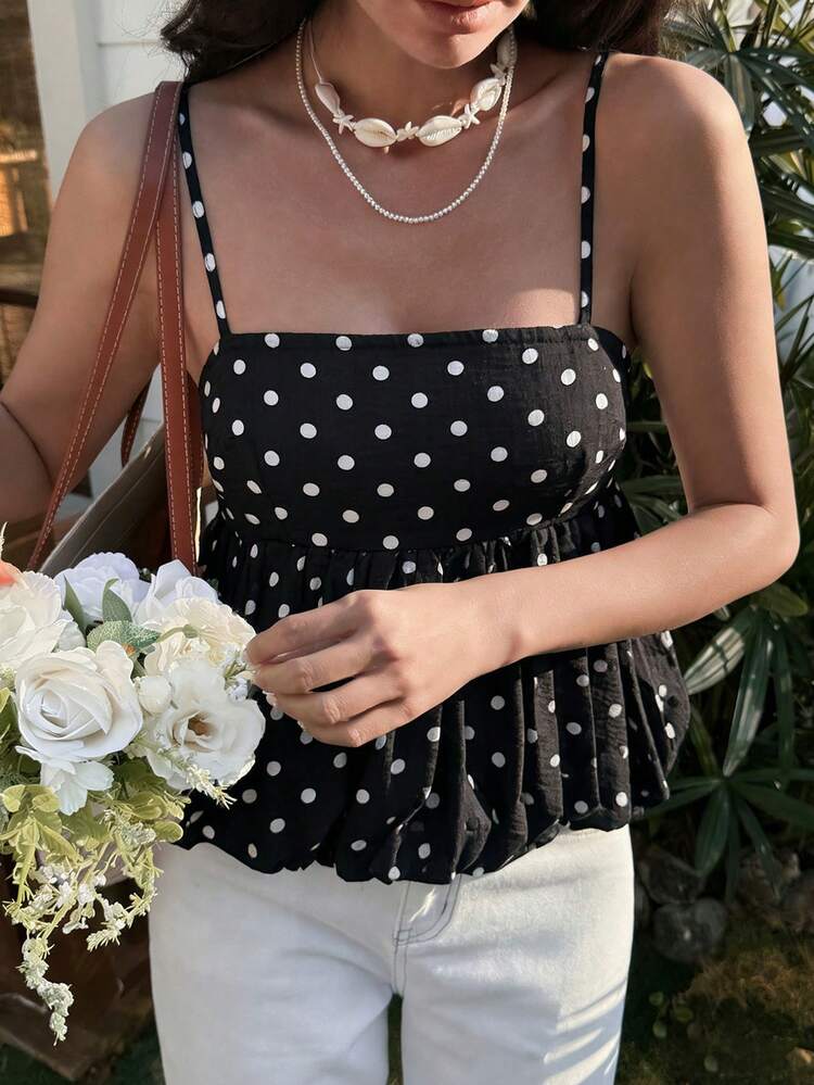 Black Polka Dot Camisole Top For Women, Suitable For Summer Vacation