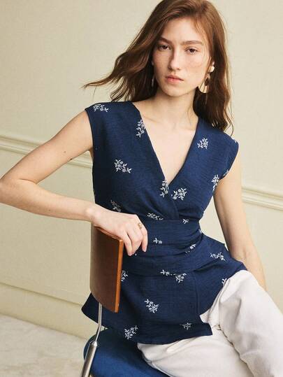 Écloséra Áo kiểu nữ cổ chữ V xếp ly không tay, áo tank top dáng ngắn kiểu Pháp, áo sơ mi xếp ly mùa hè, màu xanh navy.