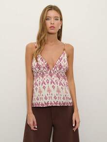 Nöista Pink Summer Boho Printed Top With Embroidery, V Neckline Soft Ruffle Trim Adjustable Straps, Beach Vacation Holiday Party Festival - Beige - View 3