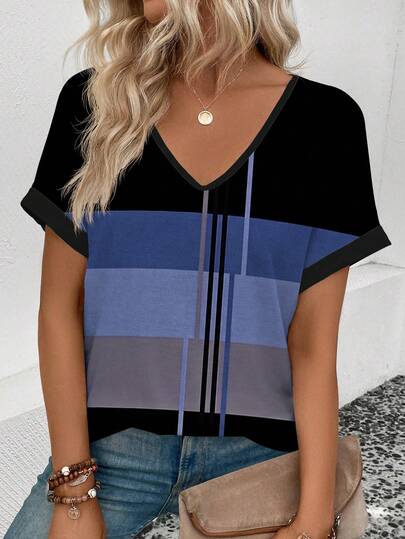 EMERY ROSE Women's Loose Fit V-Neck Short Sleeve T-Shirt, Casual Patchwork Print, Suitable For Autumn And Summer