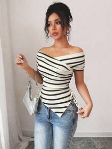 Rafferiza Áo thun nữ tay ngắn trễ vai, kiểu dáng thường ngày, thích hợp mặc đi làm, mùa hè. - Đen và trắng - Xem 1