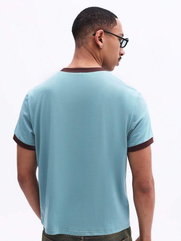 Camiseta Casual de Verão Masculina Ajustada Encolhida com Estampa no Peito, Manga Curta, Azul Claro Nova York