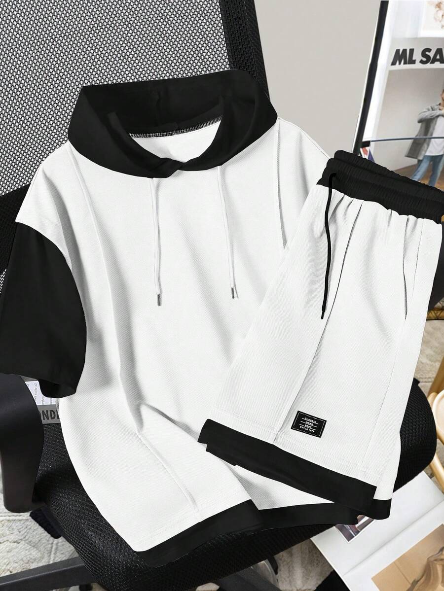 Manfinity Hypemode Men's Color Block Drawstring Hooded Short Sleeve T-Shirt And Shorts Casual Daily Outfit - White - View 1