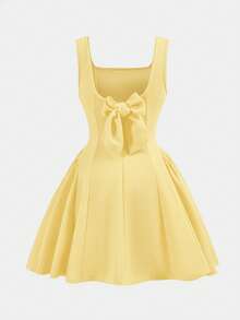 Firerie Kids Tween Girls' Lovely Square Neck Yellow A-Line Patchwork Dress With Large Bow Back - Yellow - View 2