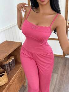 SweetSlumber Lace Patchwork Camisole And Pants Women Pajama Set - Hot Pink - View 7
