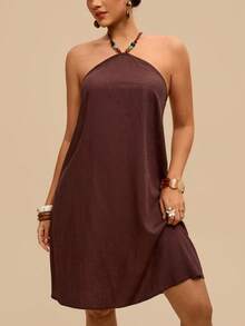 Levarali Vestido de mujer marrón de verano estilo bohemio para vacaciones y días festivos con decoración de cuentas, cuello halter, espalda descubierta, talla grande, casual, estilo occidental chic - Marrón - Ver 3