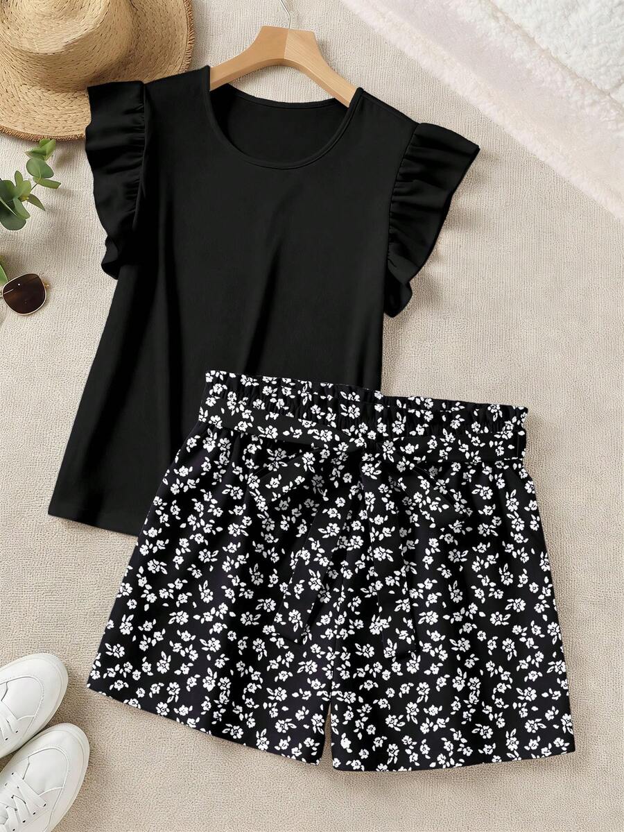 SHEIN LUNE Bộ đồ đôi cỡ lớn, màu trơn, tay bồng và quần short họa tiết hoa nhí, thích hợp cho nữ đi nghỉ mát, trang phục mùa xuân cho nữ, trang phục mùa hè cho thiếu nữ, trang phục mùa hè cho nữ, trang phục mùa hè cho nữ, trang phục mùa hè cho nữ, bộ trang phục cho nữ. - Nhiều màu - Xem 1