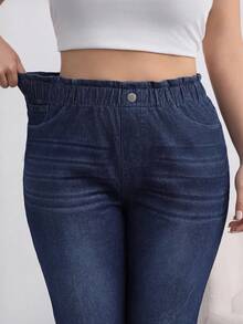SHEIN Tall CURVE Summer Tall CURVE Plus Size Woman Casual Outfit Elastic Waist Denim Pants For Women Rolled Cuff Loose Jeans Washed High Tapered - Black - View 3
