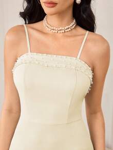 Modelyn Women's Fitted Pearl Spaghetti Strap Maxi Dress With Shawl, 2 Pieces Set - Apricot - View 7