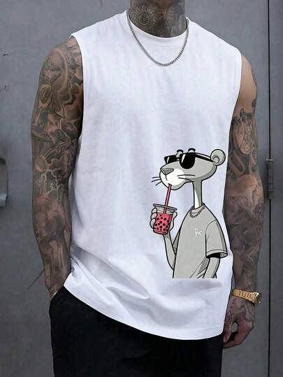 Top sin mangas de activewear con cuello redondo y estampado para hombres, camisa deportiva sin mangas estampada, Top de activewear para hombres, ropa deportiva, ropa de fitness