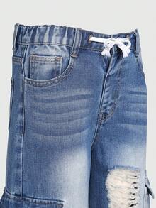 SHEIN Pantalones cargo de pierna ancha de mezclilla desgastada con cintura con cordón para niñas preadolescentes, moda callejera dulce y fresca, pantalones vaqueros de corte holgado adecuados para uso diario, citas, salidas y fiestas con amigos - Gris Oscuro - Ver 6
