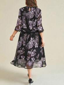 Rometta 女士优雅简约网纱蕾丝拼接花卉大码两件套黑色花卉连衣裙女士雪纺连衣裙女士优雅真丝连衣裙女士优雅派对连衣裙女士特殊场合连衣裙黑色花卉长裙女士花卉正式连衣裙蕾丝边连衣裙 - 彩色 - 查看 2