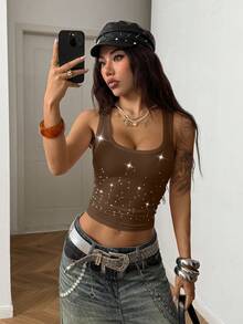 StreetHx 女款水鑽裝飾修身休閒上衣 - 棕色 - 查看 5