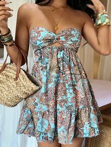 Sunnyshic 女士性感沙滩度假风印花镂空抹胸迷你连衣裙 - 藍色 - 查看 1