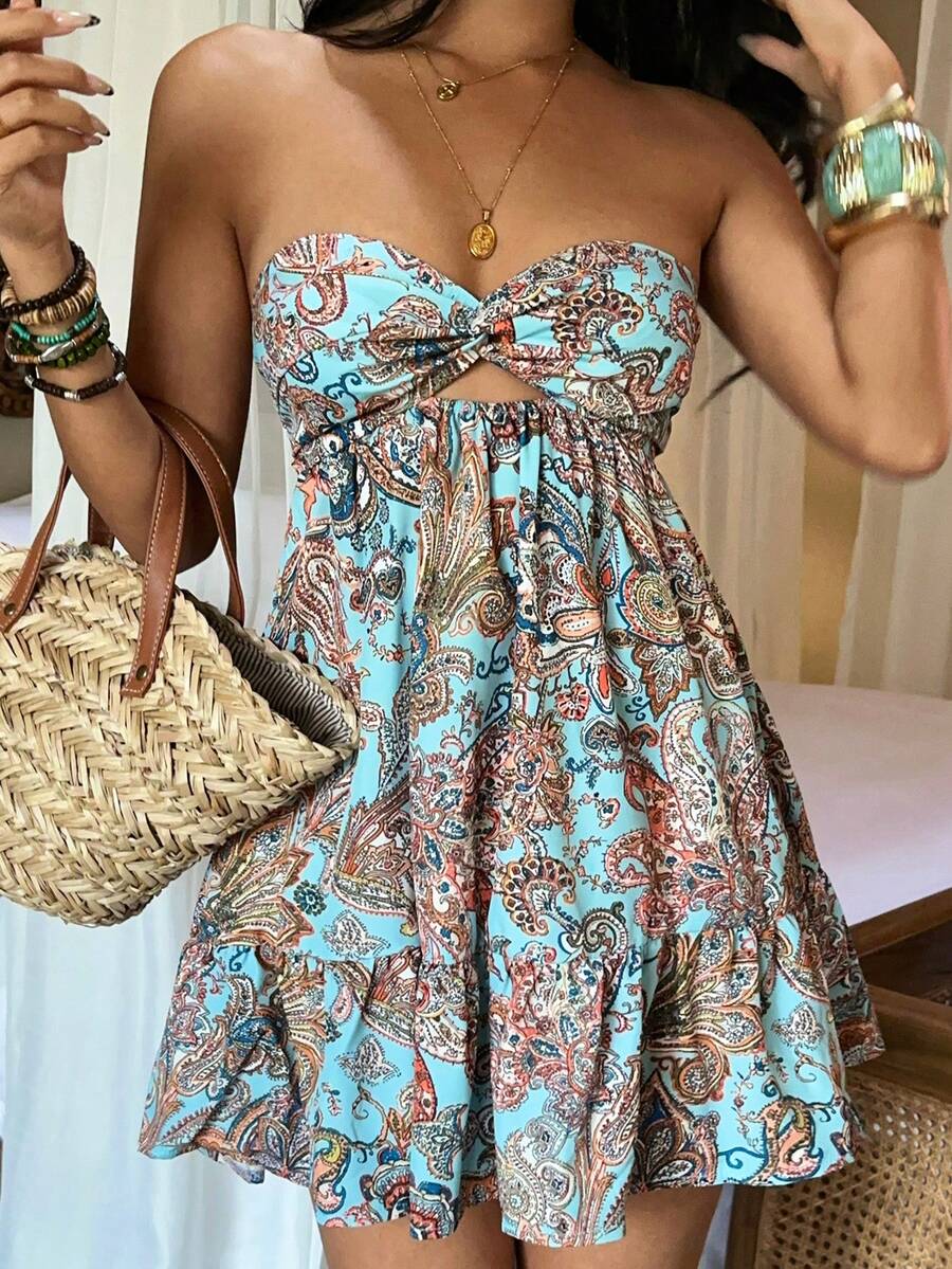 Sunnyshic 女士性感沙滩度假风印花镂空抹胸迷你连衣裙 - 藍色 - 查看 1