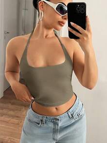 SHEIN ICON 女士纯色吊带系腰休闲上衣 - 橄欖綠 - 查看 3