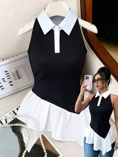 Franclia New Women's Outfits: Elegant And Sexy, Perfect For The Office, Vacation, Beach, Commuting, Romantic, Banquets, Parties, Birthday Parties, Concerts, Valentine's Day, And Carnivals. Women's Summer New Style Vest, Black And White Color-Blocked Shirt With Ruffled Collar And Fitted Waist. Women's Summer Wear, Women's Black Vest, Black And White Color-Blocked Vest, Women's Vacation Wear, Women's Outerwear, Summer Wear, Women's Elegant Wear, Women's Black Shirt.