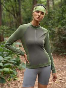 In My Nature Women's Contrast Color Raglan Sleeve Zipper Partial Placket Cycling Jersey Hiking Tops For Women - Green - View 5