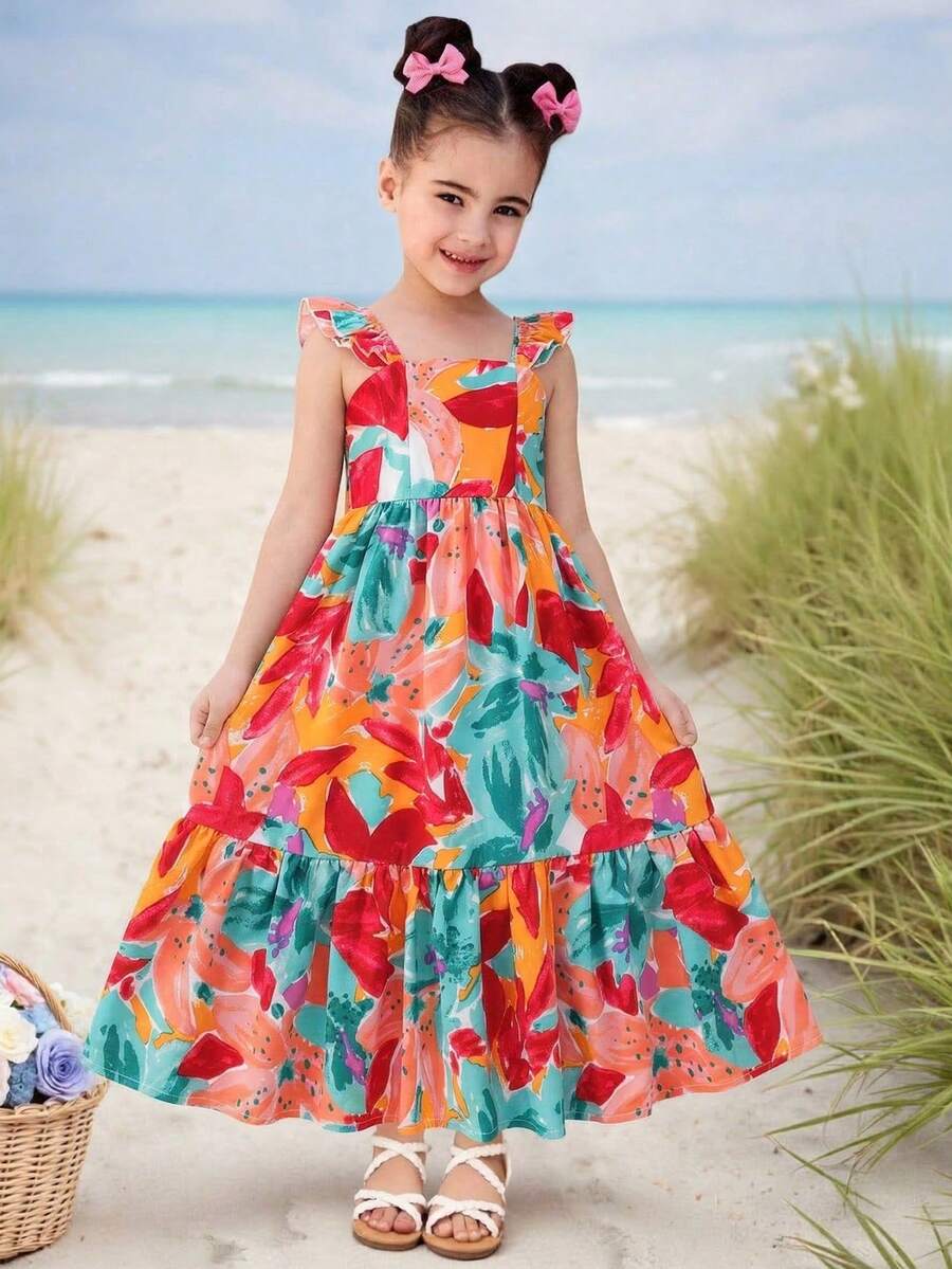 Young Girl Chiffon Ditsy Floral Spaghetti Strap Ruffle Hem Casual Dress - Multicolor - View 1