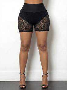 BamGleam Women's High Waist Contrast Lace Shorts - Black - View 1