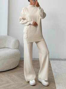 EURMUSE Women Solid Color Button Detailed Mock Neck Drop Shoulder Pullover & Sweater Pants Set - Beige - View 6