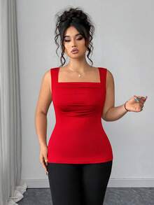 Elenzga Plus Size Summer Casual Solid Color Square Neck Knit Tank Top - Red - View 5