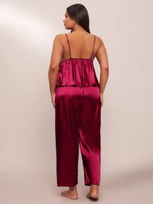 SHEIN BAE Borboleta Bordado De Seda Sexy Backless Cami Top E Calças Compridas Plus Size Conjunto De Pijama - Borgonha - Ver 2