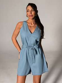 SHEIN V-Neck, Sleeveless Light Blue, Washed Denim Short Jumpsuit With Belted, Denim Overalls - Light Wash - View 5