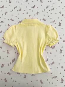 Elamini Women's Pink Peter Pan Collar Petal Sleeve Embroidered Floral Lace Patchwork Decorative Regular Blouse - Yellow - View 2