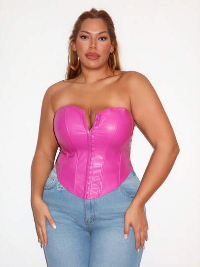 MelDlgn 加大码纯色前中心纽扣装饰 PU 皮革黑色抹胸