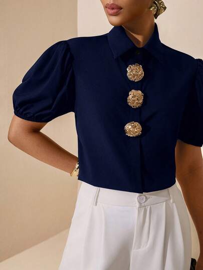 Vesra Women's Solid Color Petal Sleeve Casual Metal Button Decorated Shirt