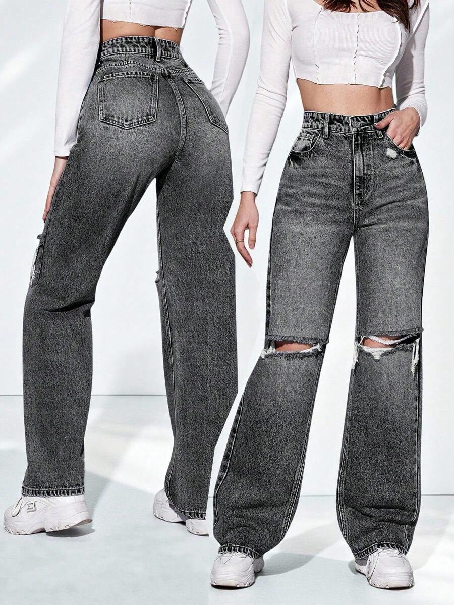 SHEIN ICON Quần jeans ống loe rách dáng casual dành cho nữ với túi xéo. - màu đen - Xem 1