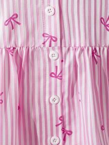SHEIN Playful Pals 女婴夏季新款休闲时尚学院风条纹蝴蝶结印花花瓣袖衬衫裙，适合日常优雅度假穿着 - 粉色 - 查看 9